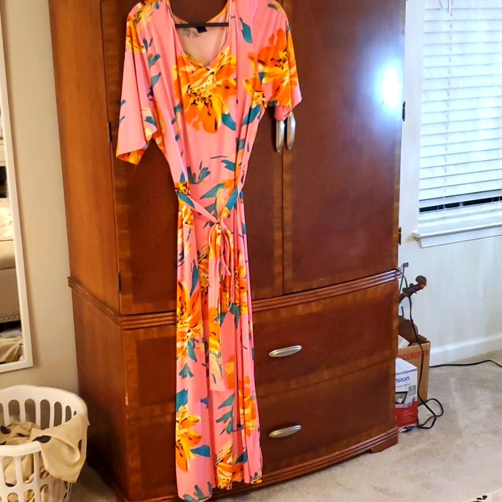 Ashley Stewart maxi front tie pink multi dress.